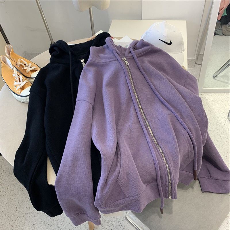 DUNEA Áo hoodie dài tay dáng rộng phối khóa kéo cá tính dành cho nữ