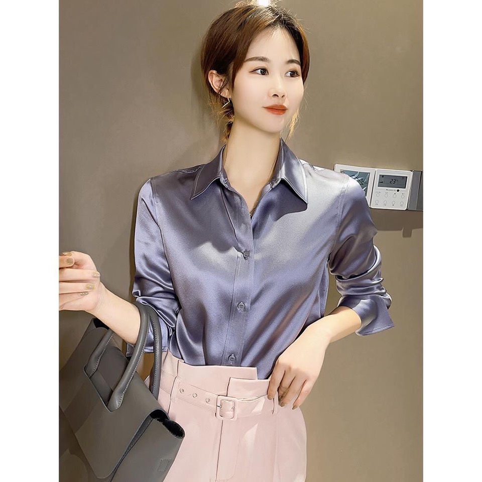 Áo Sơ Mi Dài Tay Màu Trơn Bằng Lụa Satin Cho Nữ áo sơ mi JL-CX-04
