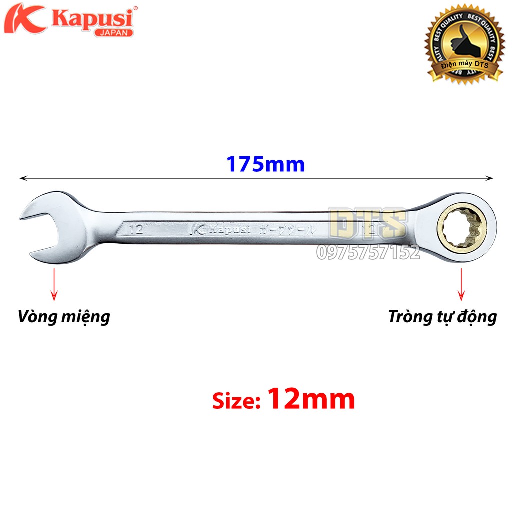 Cờ lê vòng miệng tự động 12mm Kapusi Japan, thép CR-V chịu lực cao 50BV30, bánh cóc 72 răng - Cờ lê tự động xoay 360 độ