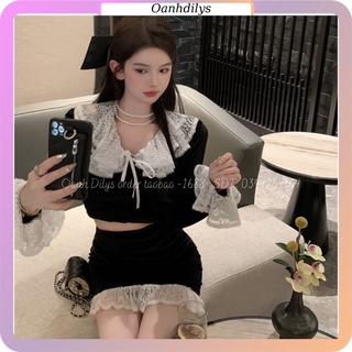 Sét áo nhung kiểu cổ bèo ren + chân váy nhung chất liệu cao cấp hàng order Taobao nhà Oanhdilys
