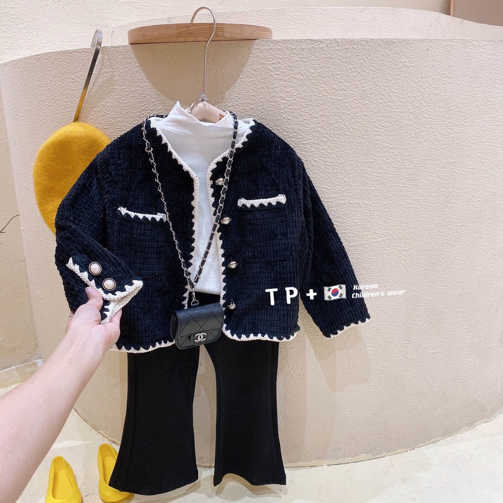 Set áo khoác và áo len phối ren màu đen thời trang mùa đông cho bé gái
