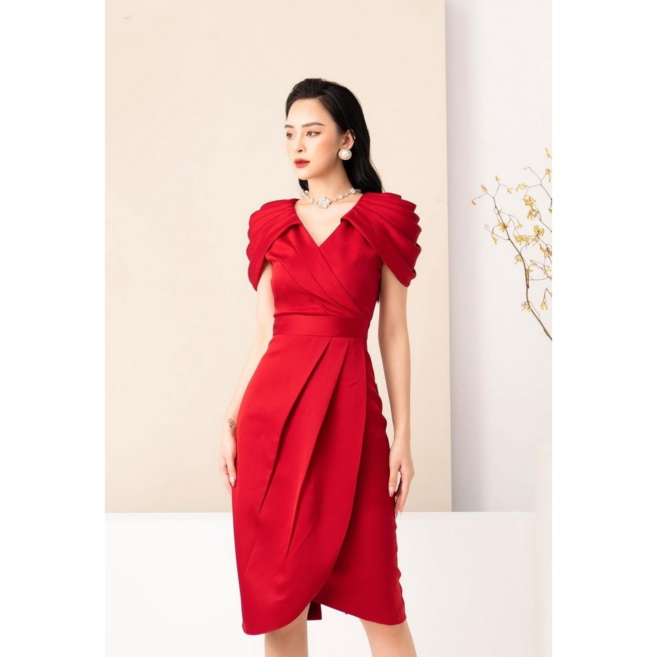 Đầm thiết kế Lụa Linen tay ngắn phồng xếp ly tà chéo (Có nhiều size)