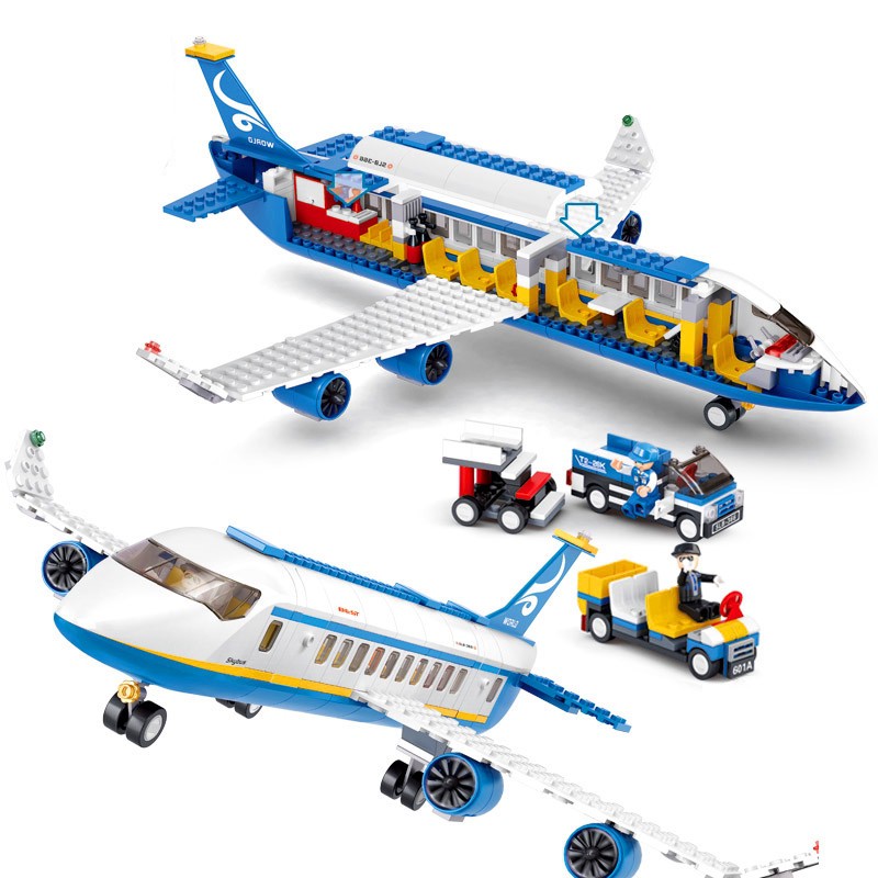 Bộ đồ chơi lắp ráp Máy Bay chở khách AirPlane dài 38cm màu xanh dương cho bé từ 4 tuổi 5 tuổi 6 tuổi