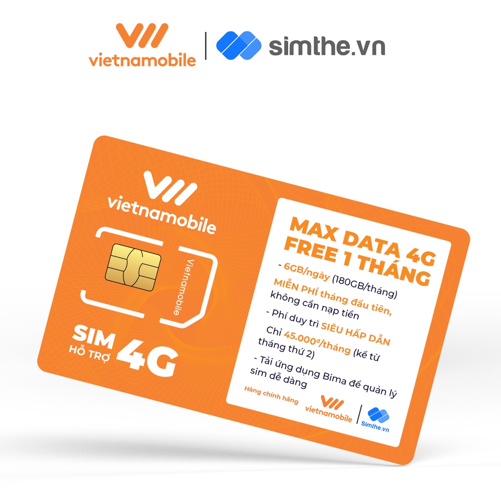Sim Data 4G Vietnamobile 6GB/Ngày - 180GB/Tháng, Miễn Phí Gói 1 Tháng. Hàng Độc Quyền VIETNAMOBILE - SIMTHE.VN