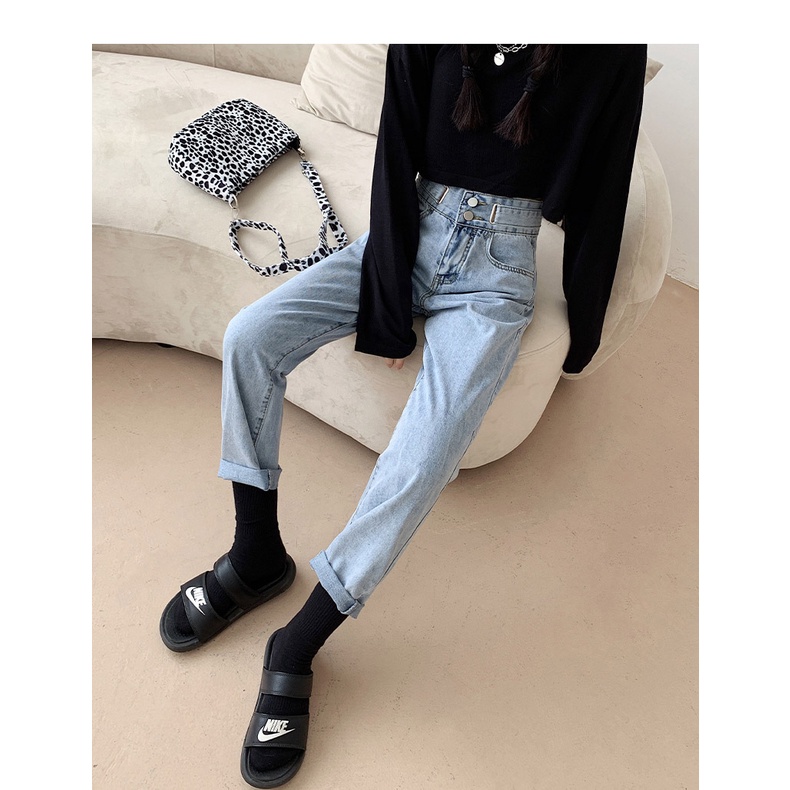 Quần jeans ống rộng lưng cao mỏng màu xanh dương cổ điển Mỹ thích hợp cho nữ