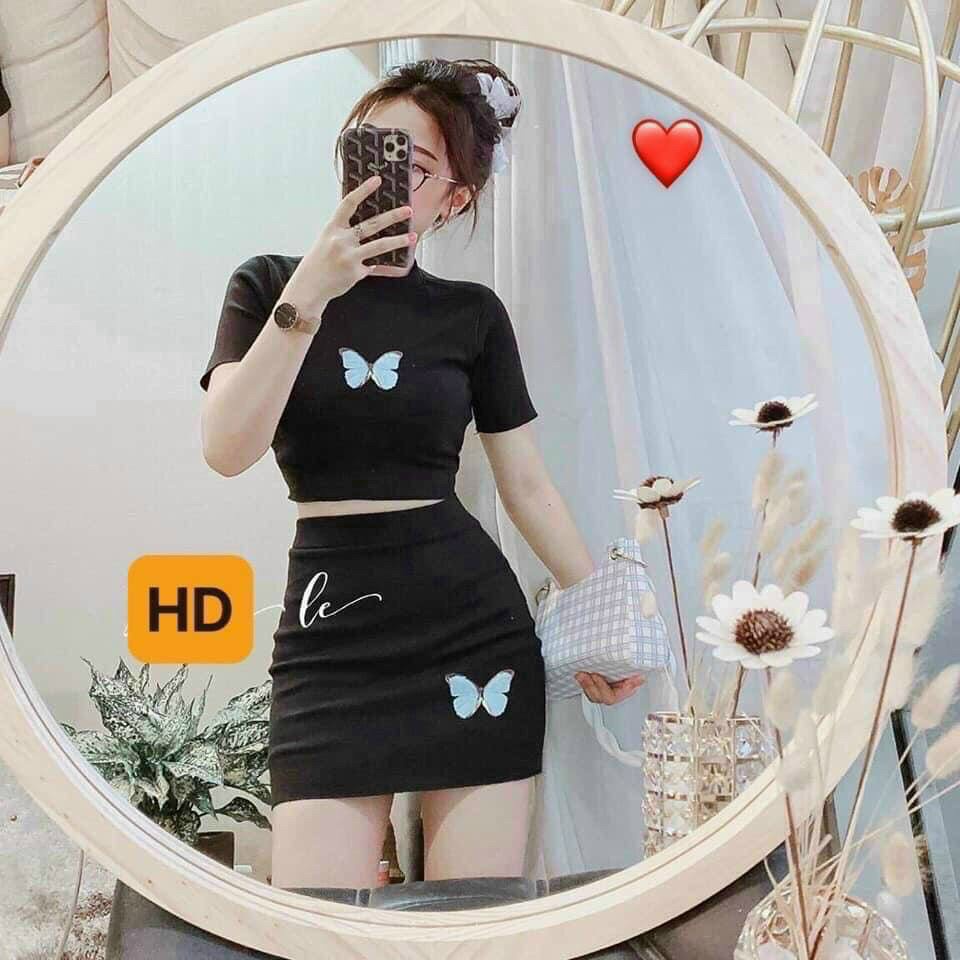 Sét bộ áo croptop in hình búm phối chân váy ngắn body cực xinh , chất thun bozip mềm mịn