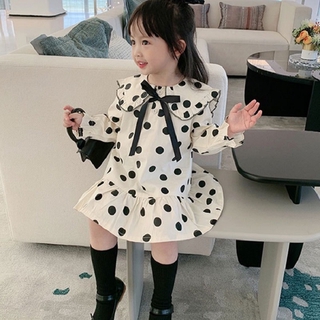 Váy chấm bi dài tay đen trắng cổ sen tròn to XHN350