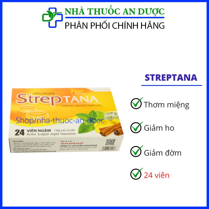 Viên ngậm ho thảo dược Streptana giảm ho , giảm ngứa cổ giảm viêm họng hộp 24 viên vị cam