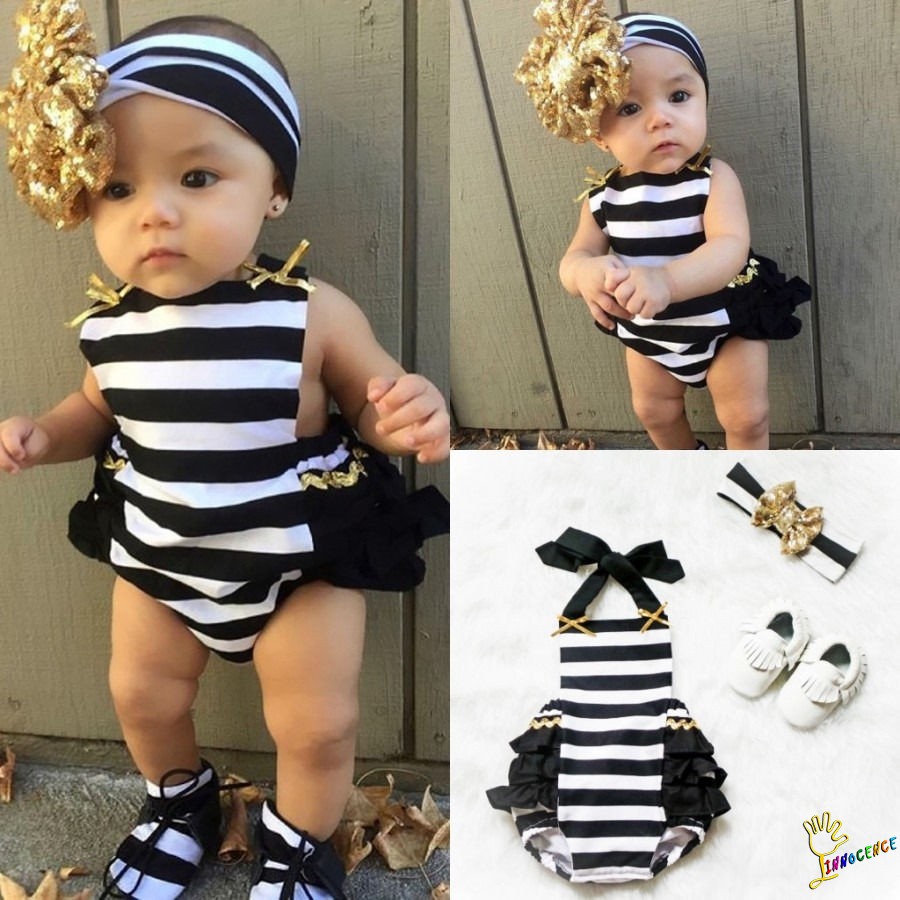 ❤XZQ-Baby Girls Striped Backless Romper+Headband Set