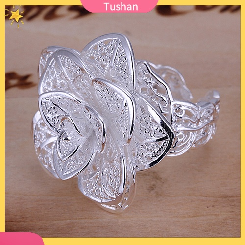 Nhẫn mạ bạc dạng hở hình hoa đính đá xinh xắn