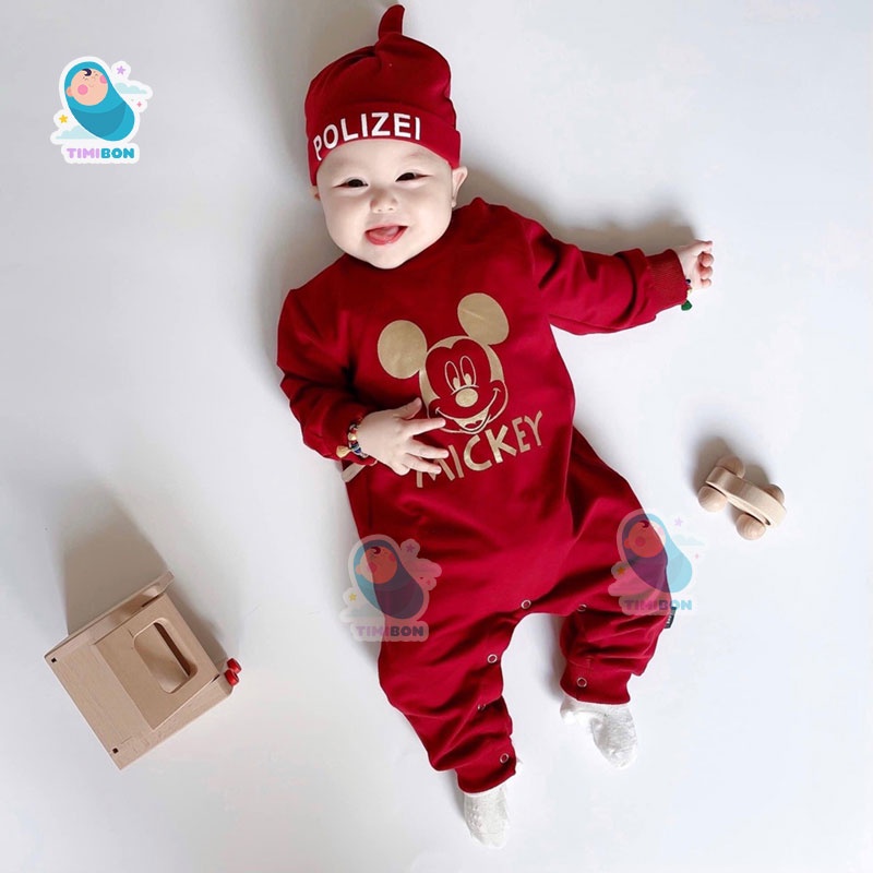 Quần Áo Trẻ Em Sơ Sinh Body Mickey Dài Tay Kèm Mũ Cho Bé Trai Bé Gái Chất Cotton [BDD19]