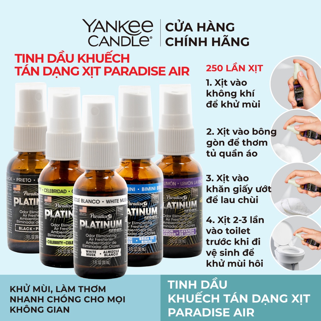 [Mã LIFEM1 giảm 50k đơn 99k] Tinh dầu xịt thơm xe, thơm phòng Paradise Air từ Yankee Candle 30ml (nhiều mùi)