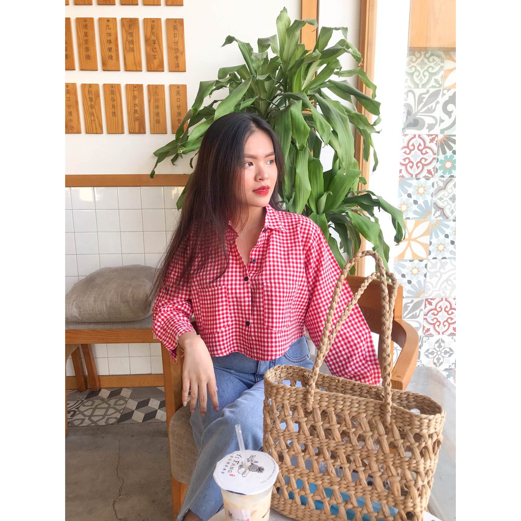 ÁO SƠ MI CARO CROPTOP TAY DÀI 2 TÚI