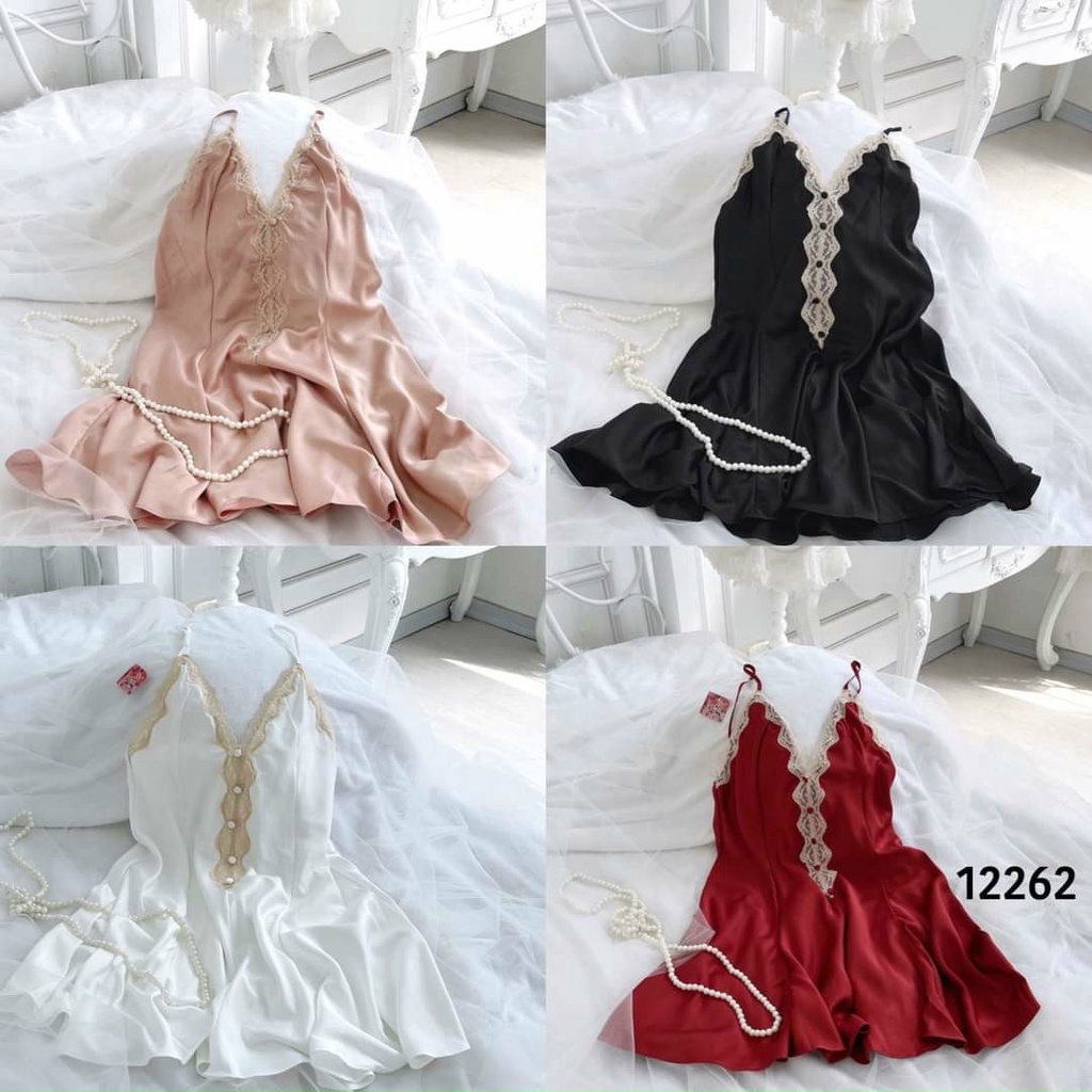 Váy ngủ lụa sexy hàng loại 1 xẻ chữ V đáp viền ren xinh xắn V54