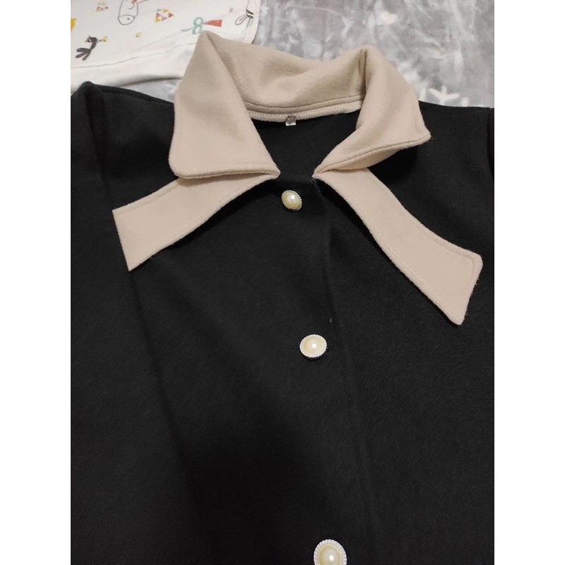 Áo khoác dạ mịn dáng dài cổ nơ đen vintage 1 lớp [Ảnh thật 4-9]