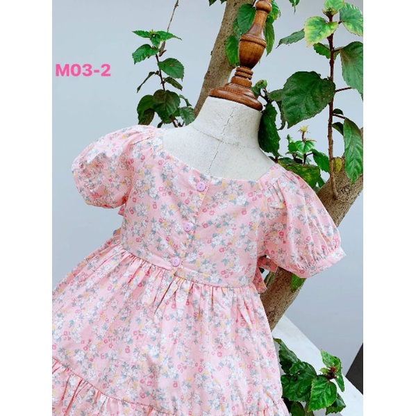 Đầm bé gái tiểu thư vải thô hoa đính nơ xinh xắn 10-38kg