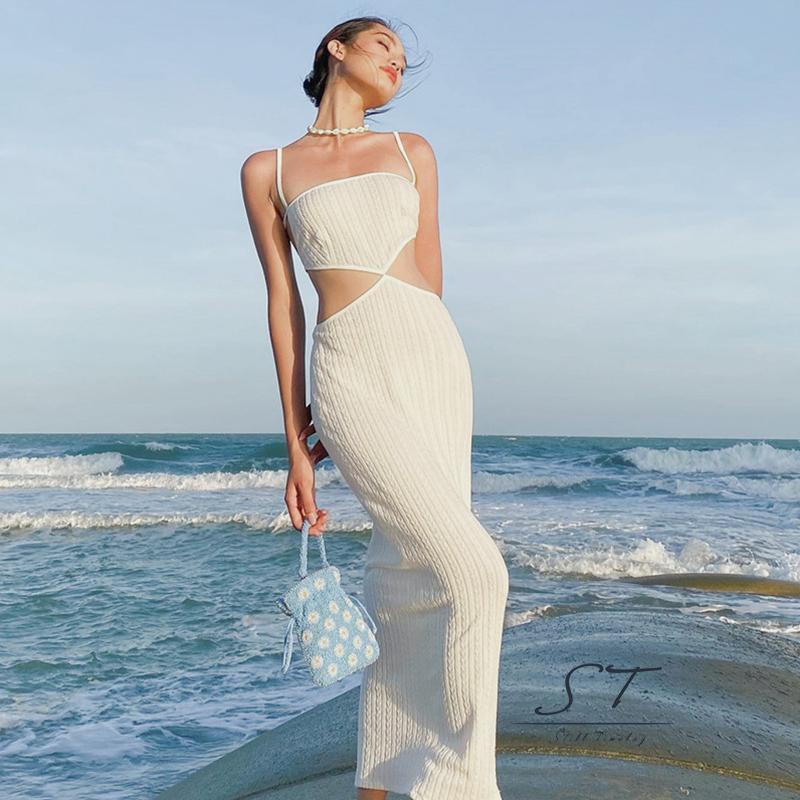 Đầm Dài Ôm Dáng Không Tay Hở Lưng Thiết Kế Dây Đan Chéo Màu Sắc Đơn Giản Cho Nữ CY03