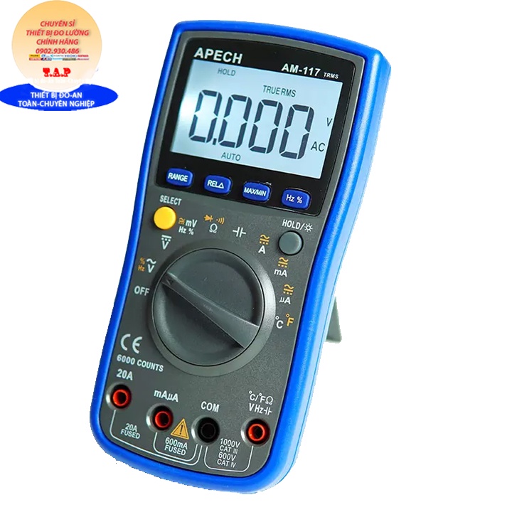 AM-117 Đồng hồ vạn năng điện tử APECH AM117  đo dòng điện, điện áp ac/dc, trở, tụ điện, tần số, AUTO