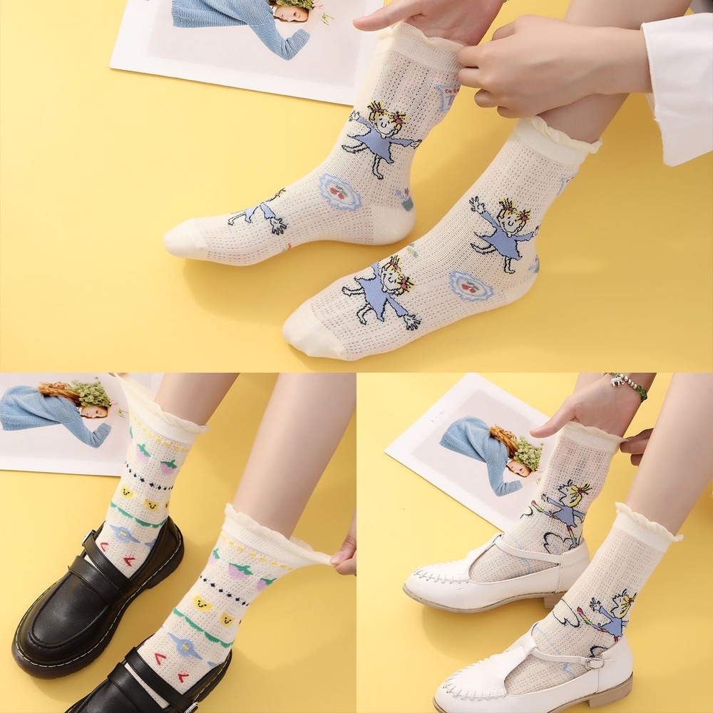 Set 2 đôi vớ mỏng phối ren họa tiết hoạt hình anime phong cách Nhật bản