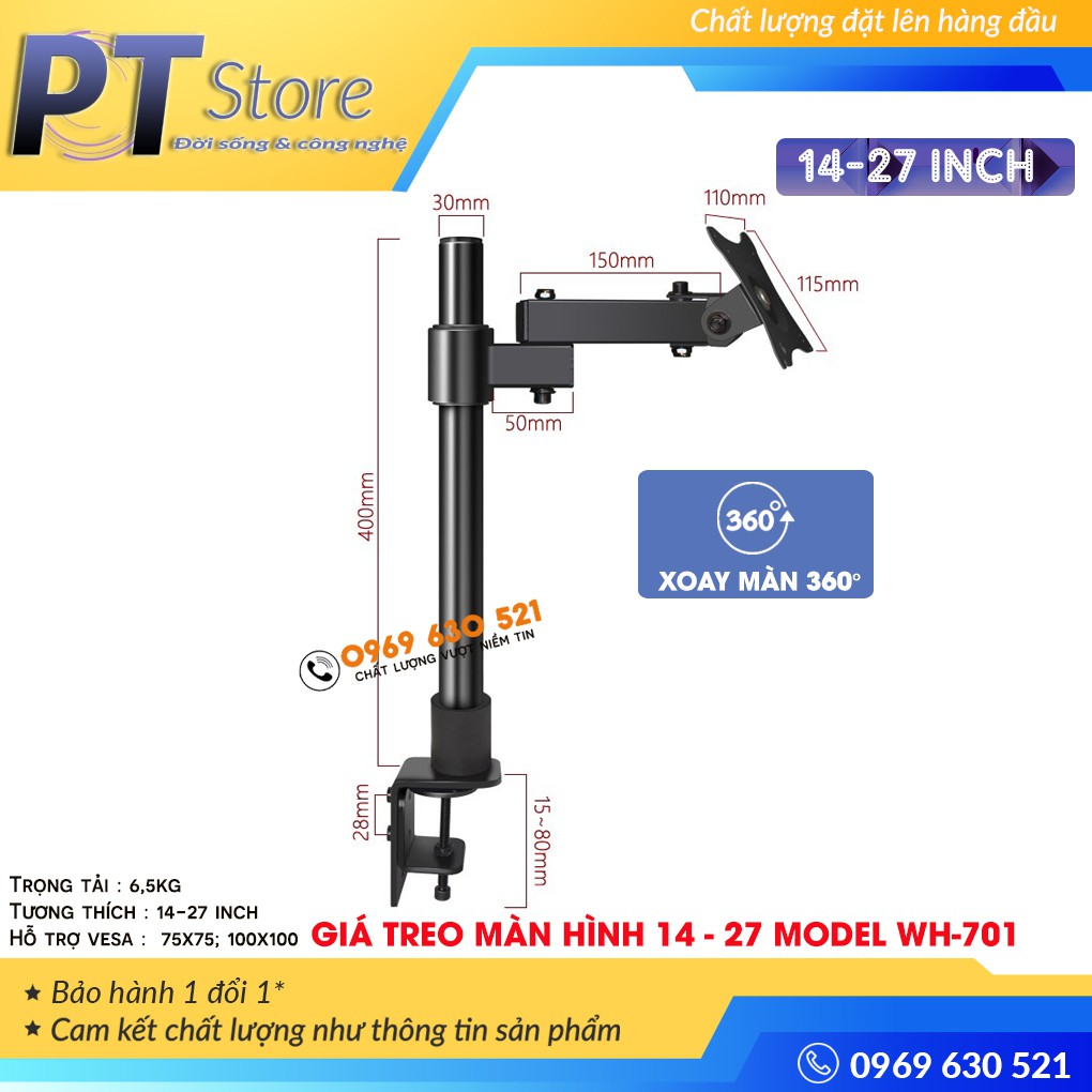 Giá Treo Màn Hình Arm Monitor Tay 20cm - Tải Trọng 6,5 Kg - Xoay Màn 360 Độ - Model WH-701