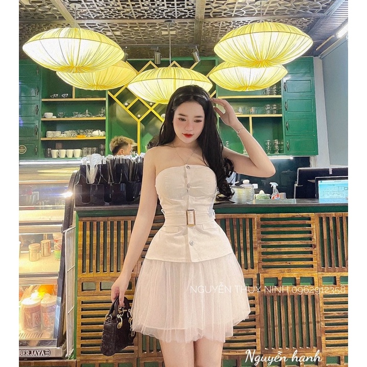 Set áo quây kèm đai + chân váy voan