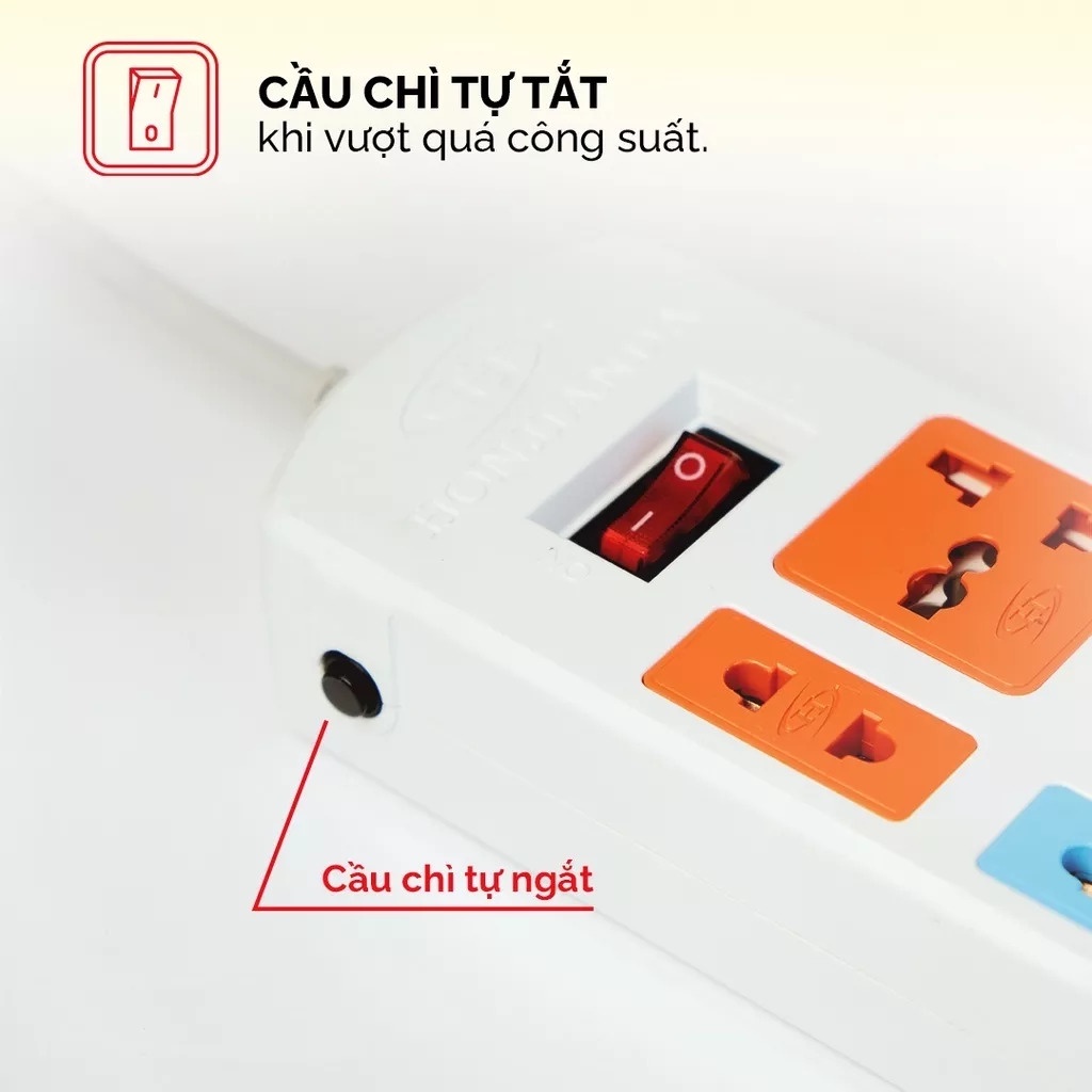 Ổ Cắm Điện Đa Năng thông minh có cổng USB dây dài 3m HONJIANDA - CÓ CẦU CHÌ CHỐNG GIẬT CHỐNG QUÁ TẢI