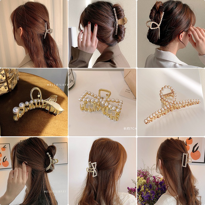 Kẹp tóc kiểu càng cua bằng kim loại đính hạt ngọc trai