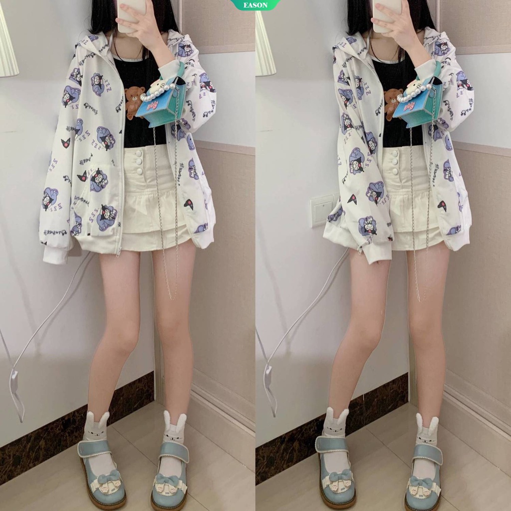 Áo Khoác Cardigan Có Mũ Dáng Rộng In Hình Sanrio Kuromi Thời Trang Thu Đông 2022