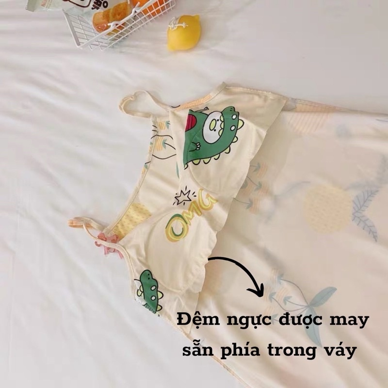 Váy Ngủ Hai Dây Có Đệm Ngực Kèm Bịt Mắt Đầm Ngủ Thun Sữa In Hoạ Tiết Mềm Mịn Đuôi Xếp Li TOPBRA