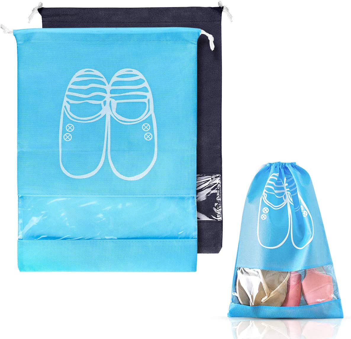 Travel Shoe Bags, Portable Dustproof Waterproof Drawstring Shoes Storage Bag with Transparent Window Non-Woven Pouch Organizer for Mens Women