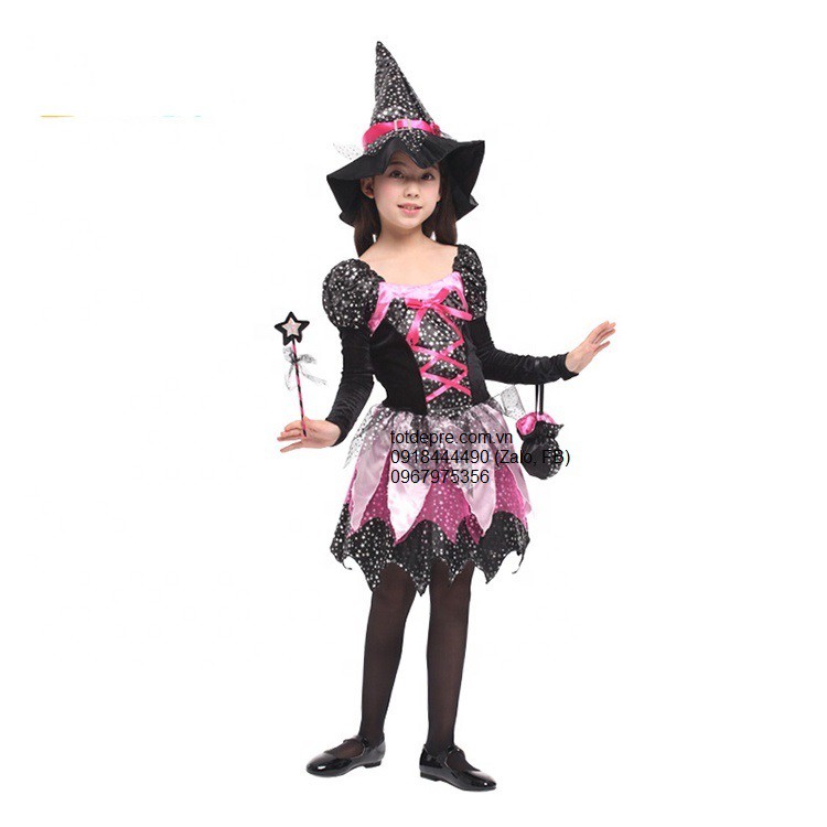 Hóa trang halloween váy đầm phù thủy kèm đủ phụ kiện kiểu tay dài họa tiết ánh sao