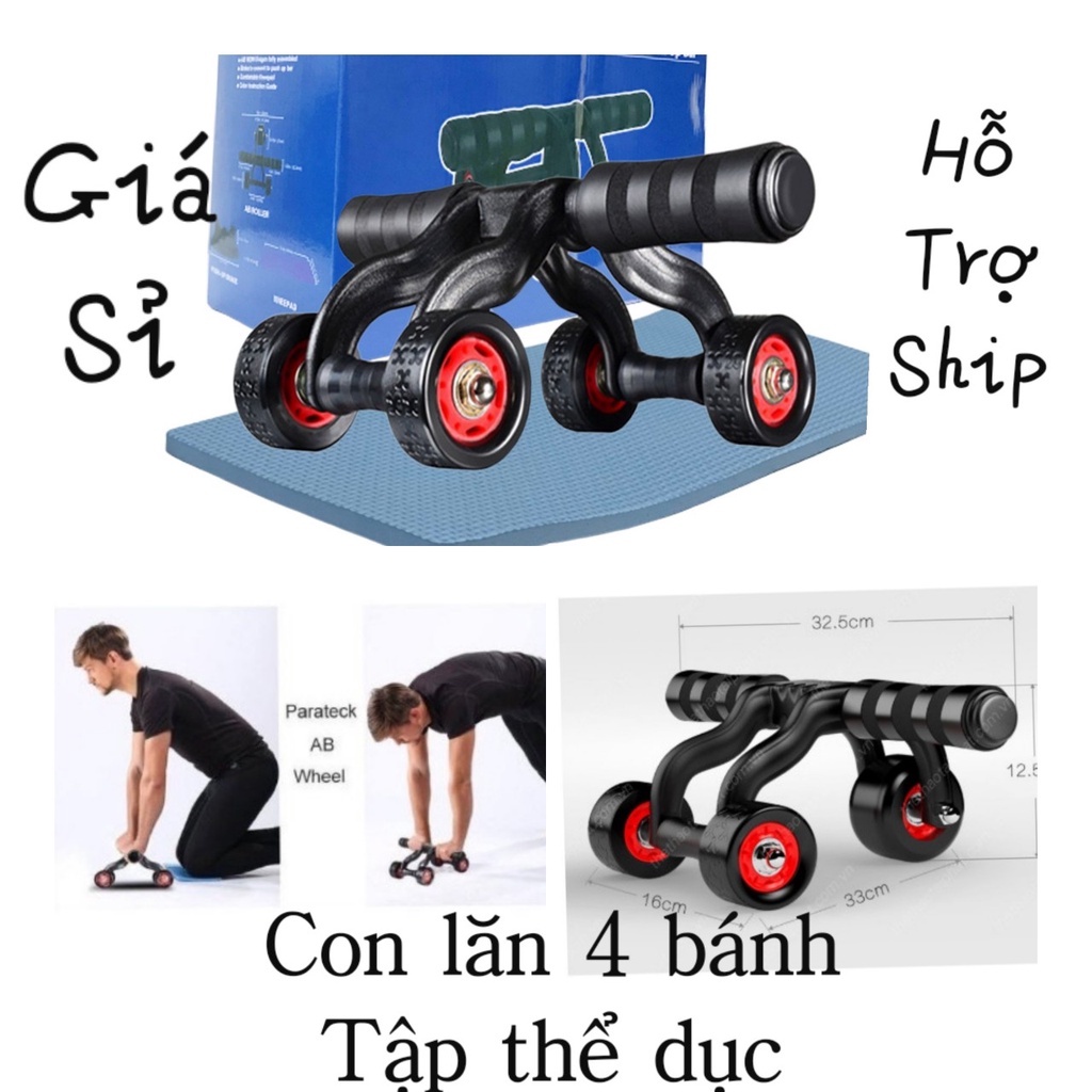 Con Lăn Tập Bụng 4 Bánh Tặng Kèm Thảm Lót - Tập Thể Dục Tập Gym Tại Nhà Hiệu Quả
