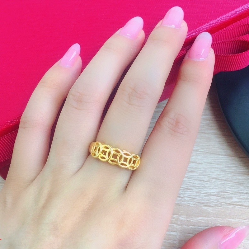 Nhẫn kim tiền bằng titan không gỉ mạ vàng 18k kiểu cổ điển sang trọng dành cho phái nữ