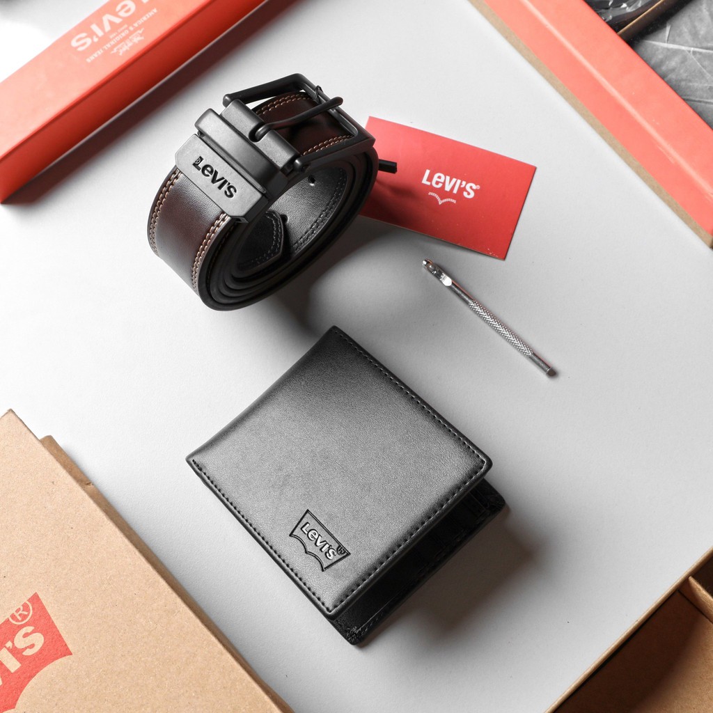 Set Thắt Lưng  + Ví Levis 2 mặt dây đen nâu - Cam Kết Chuẩn Auth FullBox - Không bong tróc