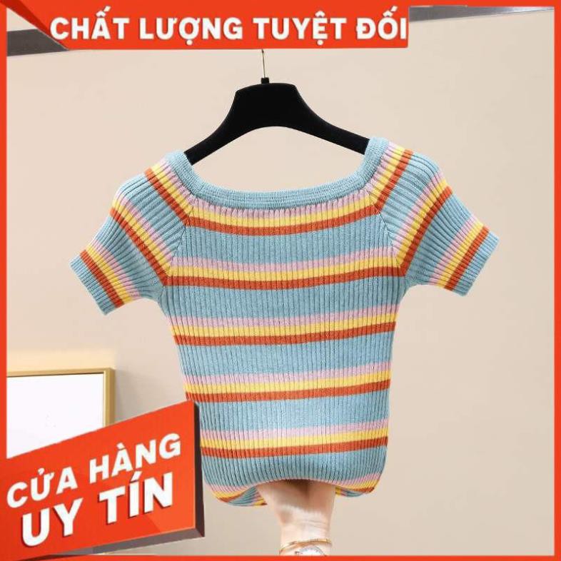 [HÀNG QUẢNG CHÂU] Áo dệt kim nữ trễ vai tay lửng họa tiết sọc nhiều màu xinh yêu