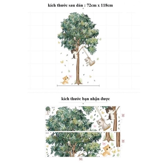 Decal dán tường, Tranh dán tường cây xanh và 3 chú mèo xinh.