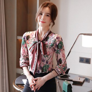 Áo kiểu tay dài cổ thắt nơ in họa tiết hoa phong cách Hàn Quốc xinh xắn dành cho nữ