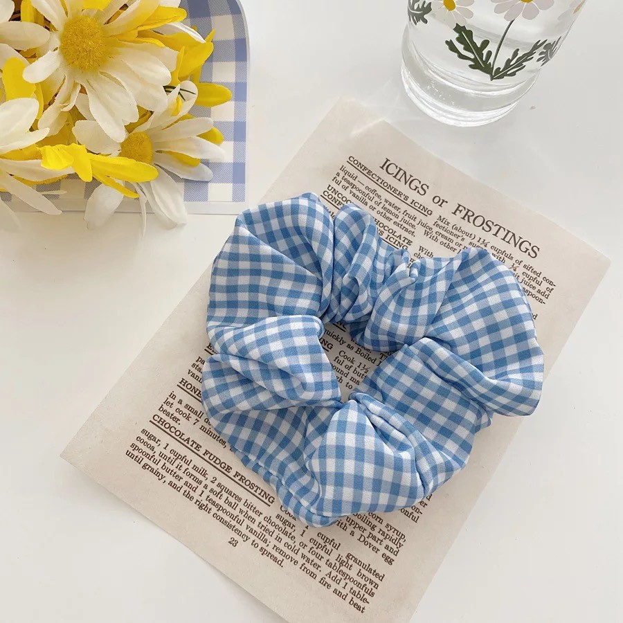 Dây buộc tóc scrunchie xanh caro phong cách thời trang Hàn Quốc