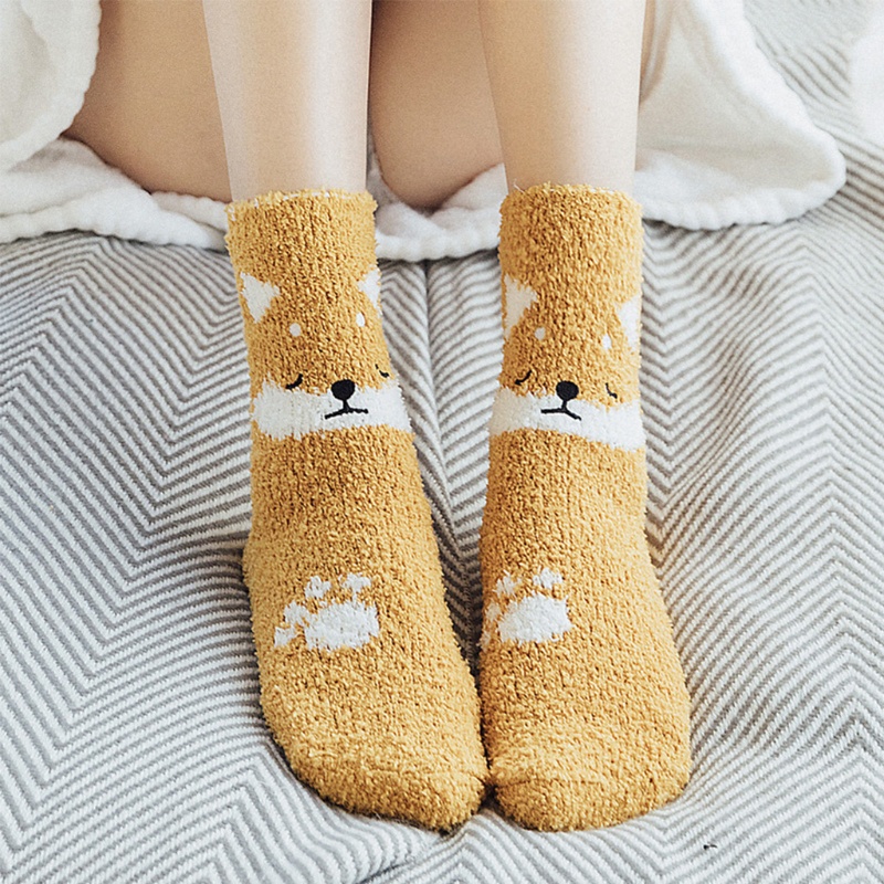 Vớ Nhung San Hô Dày Dặn Giữ Nhiệt Họa Tiết Động Vật Hoạt Hình Dễ Thương Cho Nữ