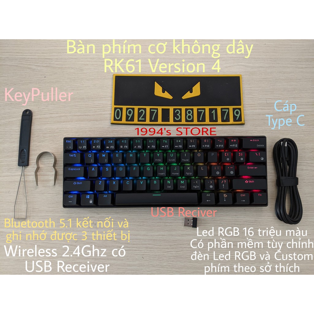 RK61 HOTSWAP - Bàn Phím Cơ Không Dây RK61 Version 4 - LED RGB Custom - Bluetooth 5.1 - Cáp Type C - Wireless 2.4G