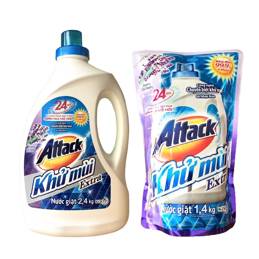 Chai Nước giặt khử mùi Attack Extra Hương Oải Hương 2.4kg - Tặng Túi Nước Giặt 1,4kg
