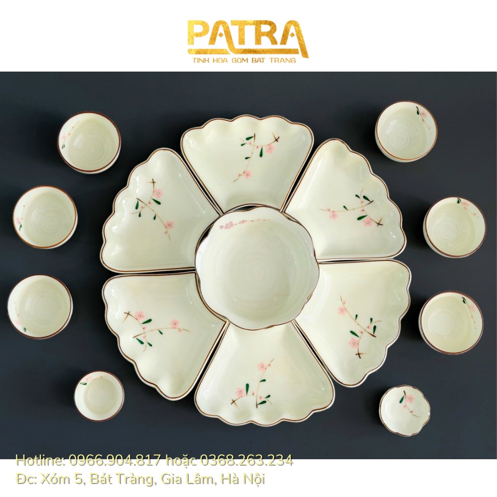 bộ bát đĩa hoa mặt trời, bát đĩa sứ men kem Bát Tràng họa tiết hoa đào thờ cúng gia tiên