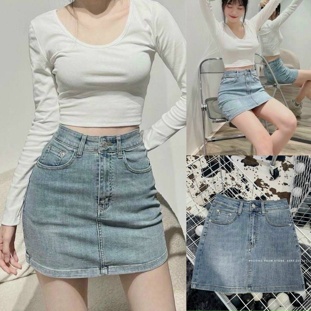 Chân váy jeans chữ A vải co giãn có lót trong hàng đẹp CV252 SUTANO