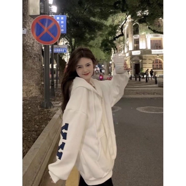 áo khoác hoodie dây kéo nữ hình in chữ to hết lưng và tay