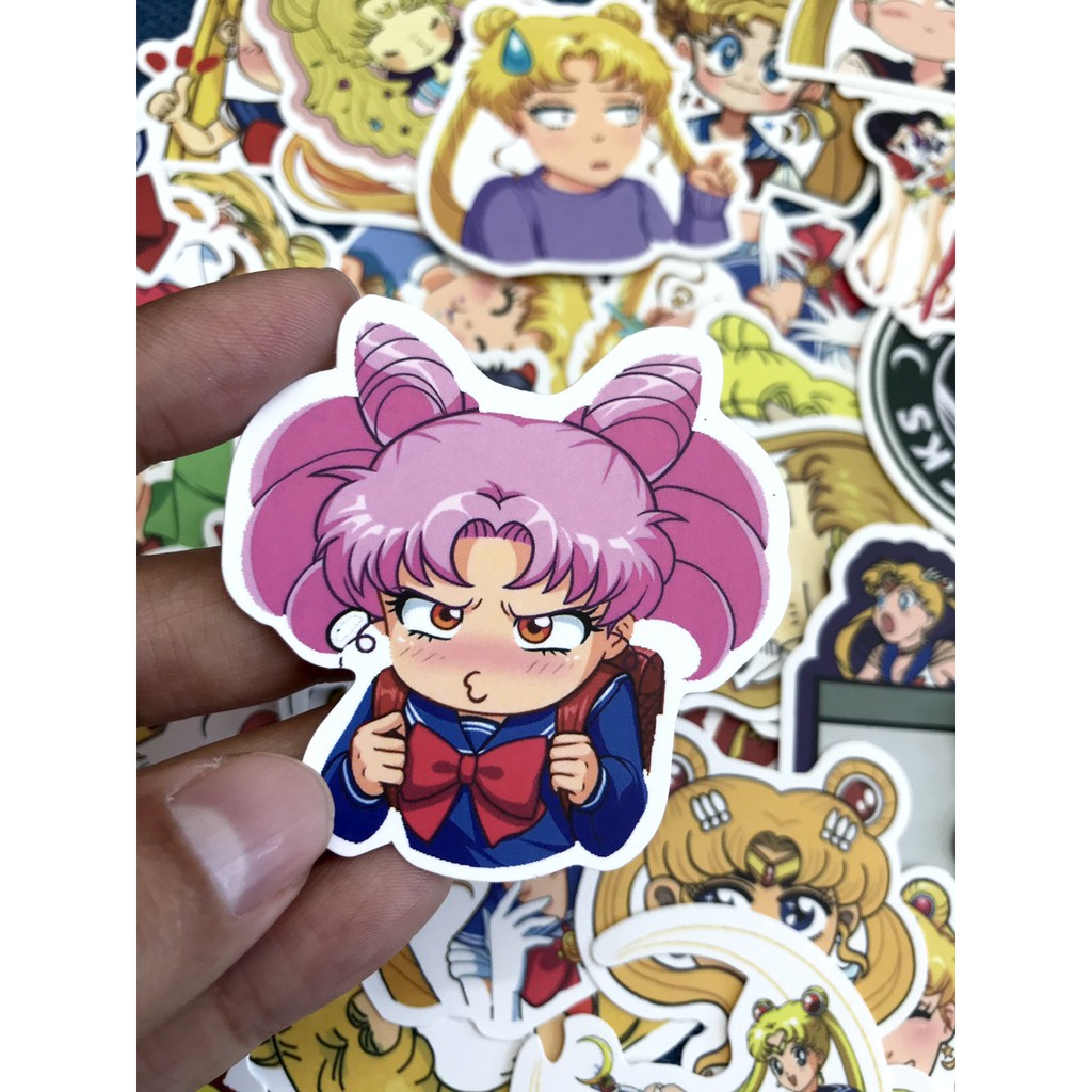 Miếng dán Sticker anime Sailor Moon (Thuỷ thủ mặt trăng) trọn bộ 50 hình - In rõ ràng sắc nét khó tróc