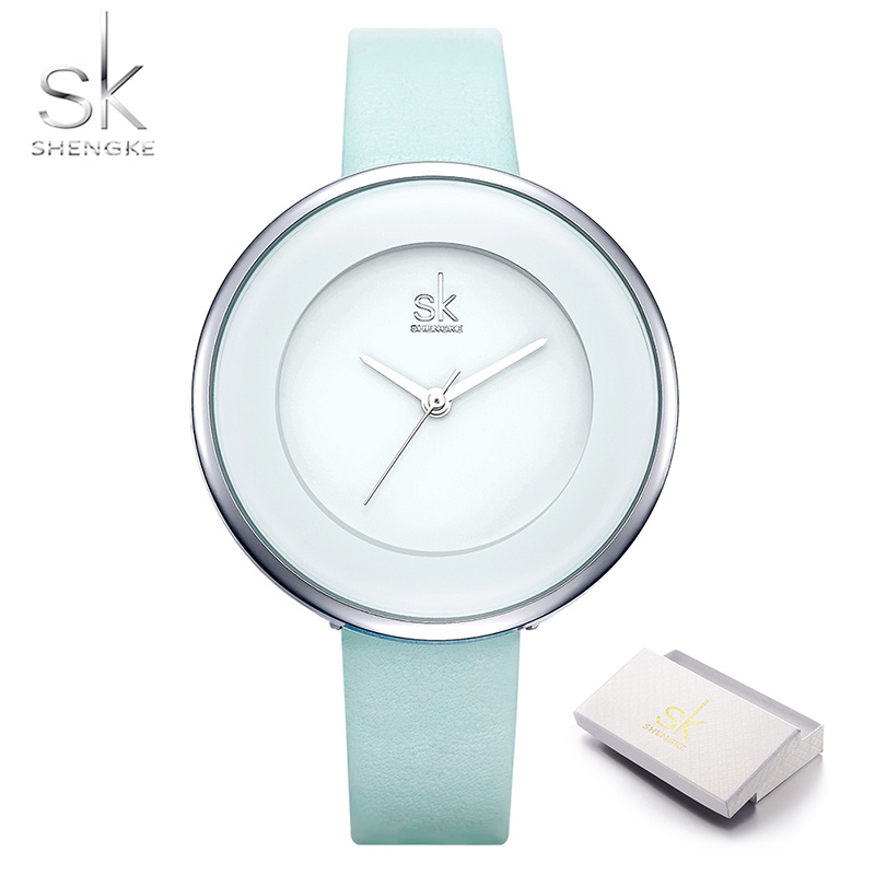 Đồng hồ đeo tay Shengke máy Quartz phối dây đeo da thời trang đơn giản cho nữ