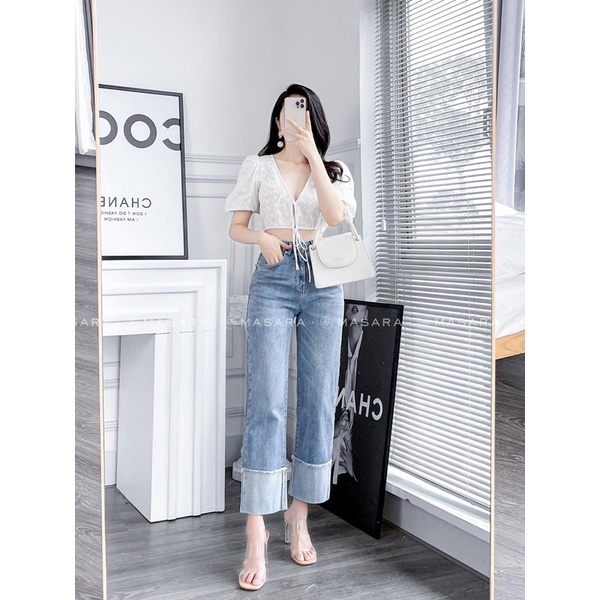 QUẦN JEAN NỮ DÁNG SUÔNG MÀU XANH GẬP GẤU