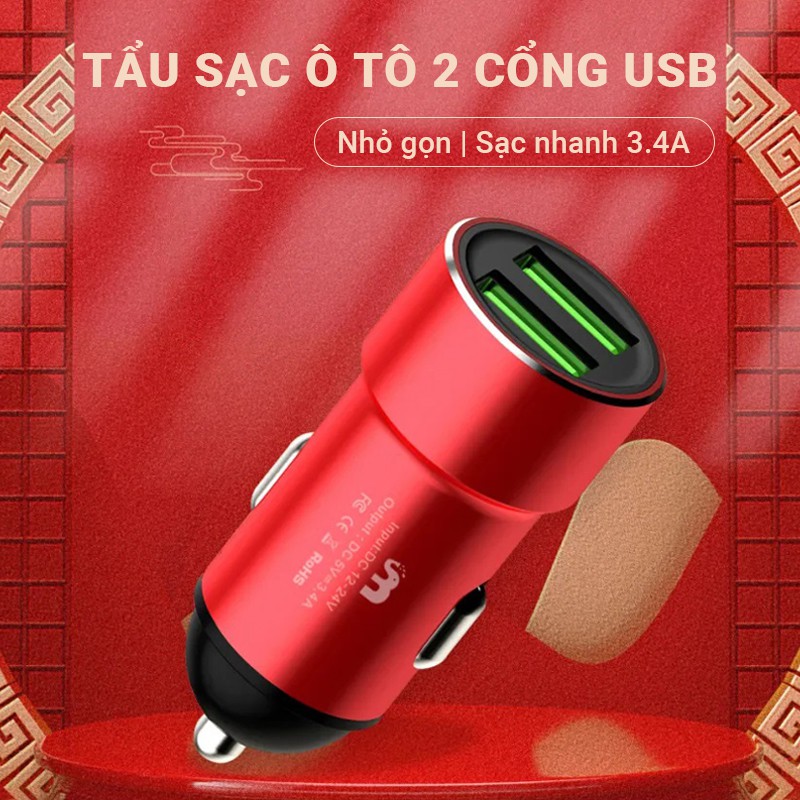 Tẩu sạc ô tô 2 cổng sạc nhanh 3.4A  USB  LT-14  chất liệu vỏ ngoài hợp kim nhôm độ bền cao nhỏ gọn tinh tế