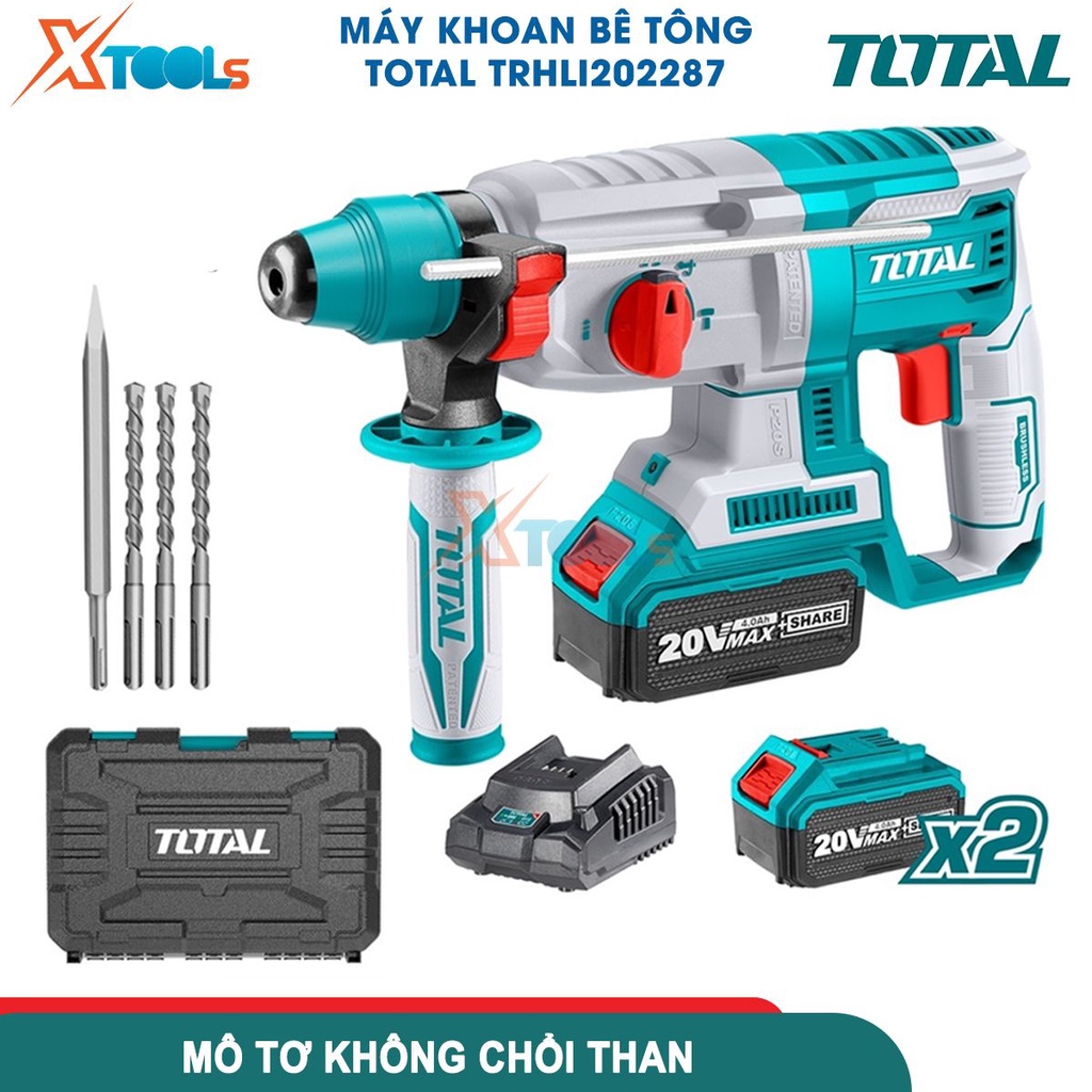 Máy khoan bê tông dùng pin 20V TOTAL TRHLI202287 không chổi than, tốc độ 1100v/p, lực đập 2J - [CHÍNH HÃNG][XTOOLS]
