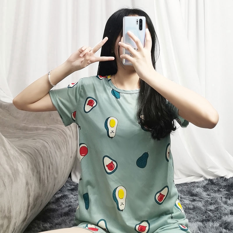 xiaohan korea summer short sleeve sleepwear sleeping wear women cute printed loose Large size round neck nightwear sets female pajama suit | BigBuy360 - bigbuy360.vn
